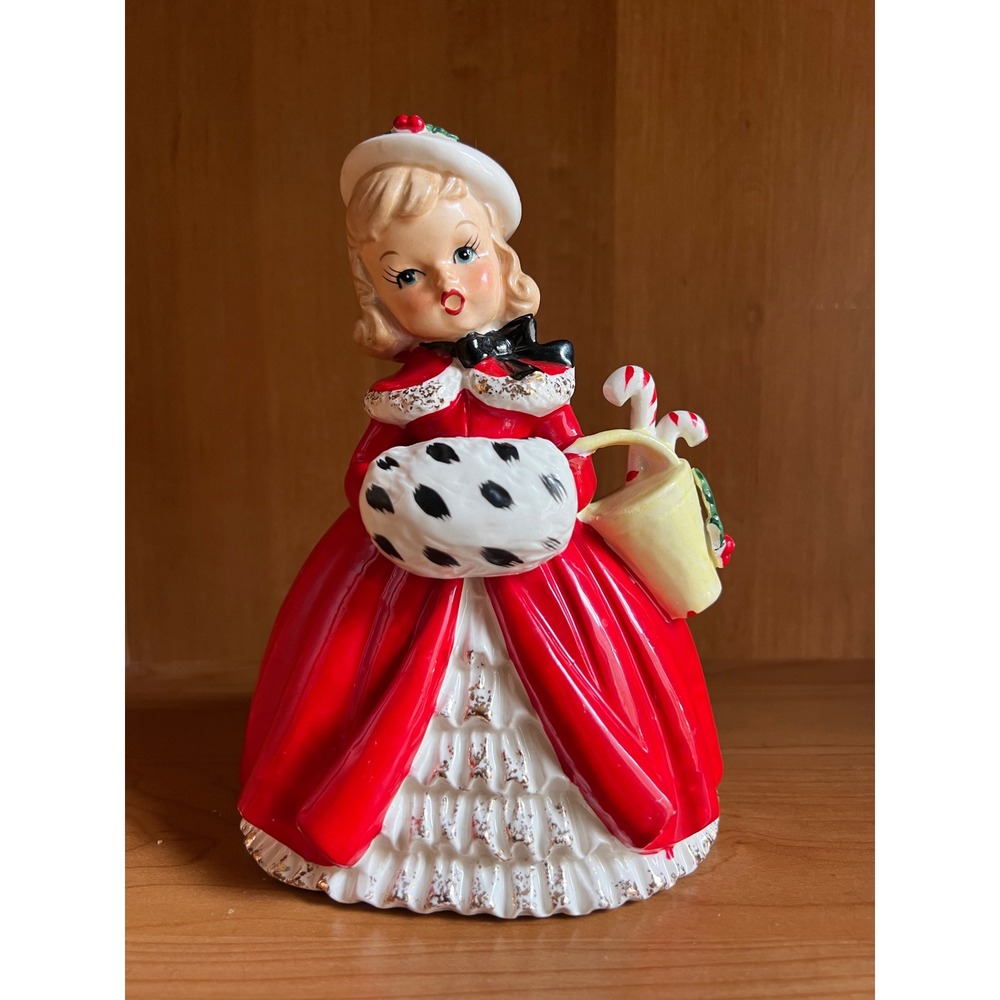 Vintage 1956 Napco Christmas Caroler Girl Planter Figurine Red Japan